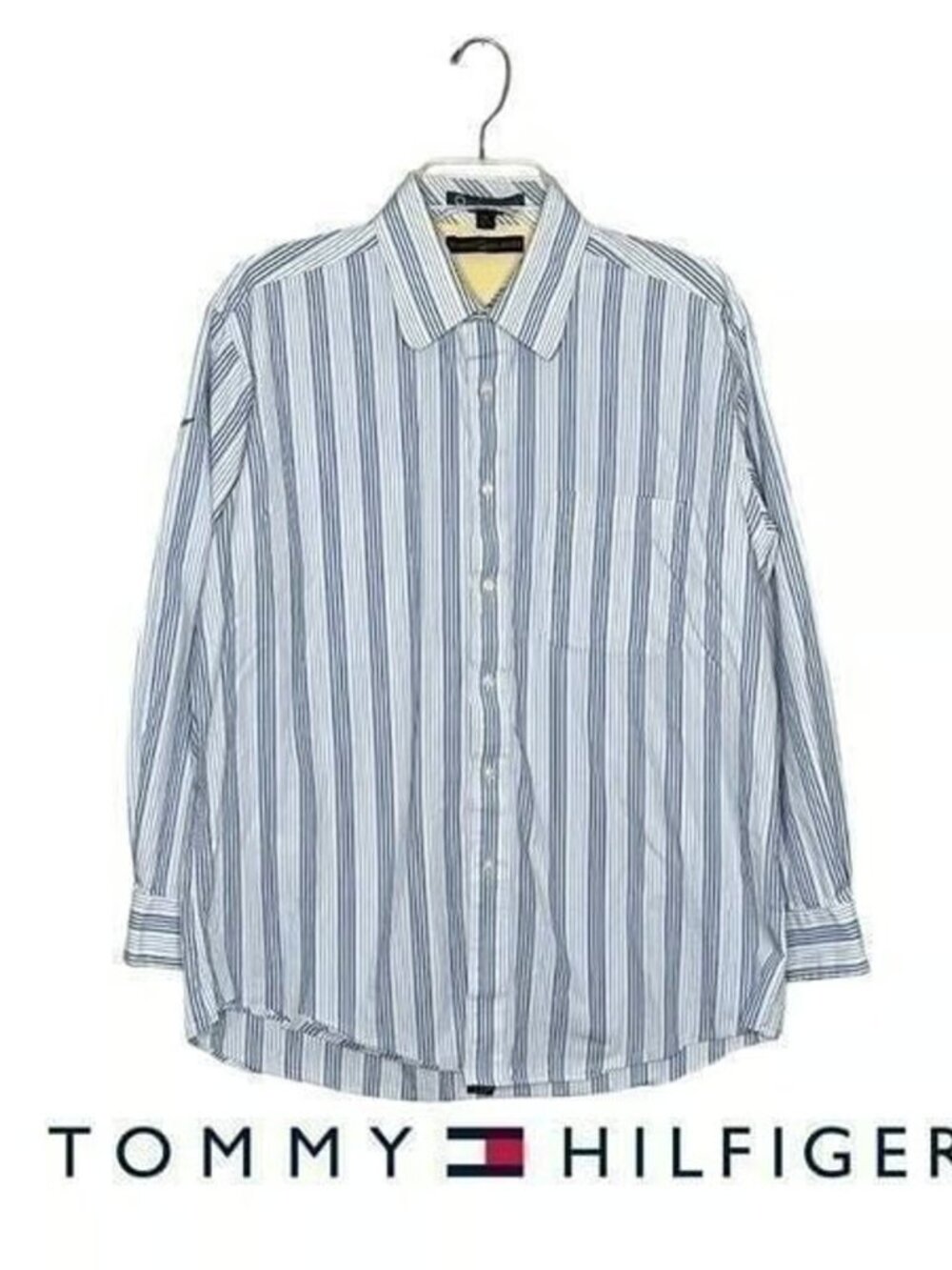 Vintage Tommy Hilfiger Mens Blue White Striped Casual Button Down Shirt Size 16